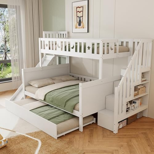 EURHCIO Lit Superposé Enfant 90/140x200cm,Lit Superposé 3 Places avec lit Gigogne,Toboggan,Escalier de Rangement,étagères,Barrière Haut,pour Enfants Ados(Blanc 1,90/140)