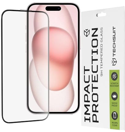 Techsuit Displayschutzfolie für iPhone 15, iPhone 16 Gehärtetes Glas mit 9H Härte, Vollständige Abdeckung, Stoßschutz, Oleophobe Beschichtung, Anti Fingerabdruck, Blasenfrei, 111D Full Glue