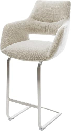 DELIFE Barstuhl Yago-Flex Freischwinger Flach Edelstahl Silberfarben Webstoff Soft Beige Taschenfederkern