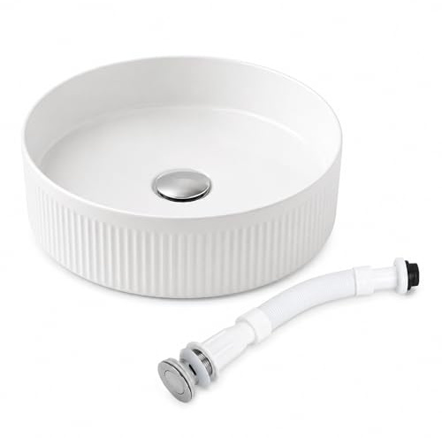Lavabo In Ceramica, Lavandino Bianco Antimacchia Da Appoggio Per Bagno, Facile Da Pulire, Tubo Flessibile Con Tappo Pop-Up Integrato, Ideale Per Bagno O Toilette (360x360 Mm)