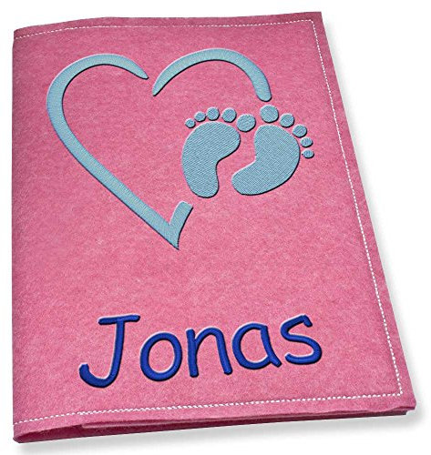 U-Heft Hülle bestickt mit Name Herz blau mit Füßen hellgrau dunkelgrau Untersuchungshefthülle (pink)