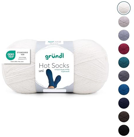 Gründl Wolle Hot Socks uni 100, Sockenwolle / Sockengarn 4-fach 1 Knäuel 100 g / 420 m (75 % Schurwolle (superwash), 25 % Polyamid), weiß