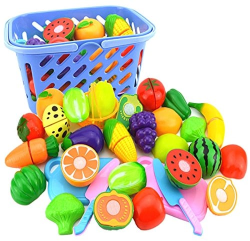 NIWWIN Play Food Set for Kids, Pretend Food Cutting Toy Vegetables and Fruits - Play Kitchen Accessories 23 Pieces,with a Toy Knife and a Beautiful Basket (Set 1)