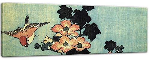 Bilderdepot24 Bild auf Leinwand | Katsushika Hokusai Hibiskus und Spatz in 90x30 cm als Wandbild | Wand-deko Dekoration Wohnung alte Meister | 181095-90x30