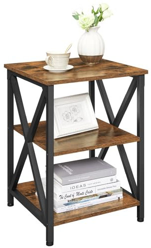 VASAGLE Side Table, 3-Tier Nightstand with Storage, End Table with S-shaped Steel Frame for Living Room Bedroom, 15.7 x 15.7 x 23.6 Inches, Farmhouse Style, Rustic Brown and Black ULET278B01V1