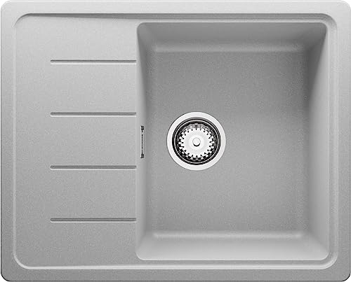 PRIMAGRAN Evier Cuisine en Granit Gris 62x50cm, Lavabo 1 bac + Kit de Vidage + Planche à Découper, Évier à Encastrer au meuble 45cm - Copenhague