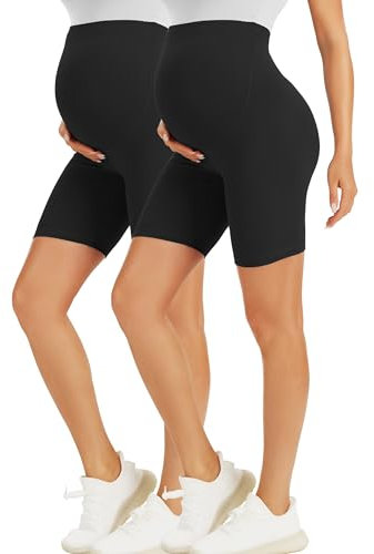 BONVIGOR Short de maternité au-dessus du ventre, short de motard de grossesse, short d'entraînement, yoga, pantalon athlétique actif pour femme enceinte, Lot de 2 - Noir * 2, S