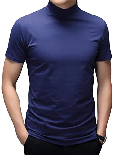 Mens T Shirt Summer Mock Turtleneck Knit Pullover Sweater Short Sleeve Solid Knitwear Sweaters Slim Fit Undershirt Royal Blue XL