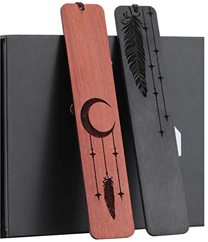 HOMEMARS Feder Mond Lesezeichen Holz, 2-stück Bookmark Set, Handgefertigtes Hölzernes Lesezeichen, Geschenkbox Set, Geschenke für Frauen, Weihnachtsgeschenke, Beste Freundin Geschenke