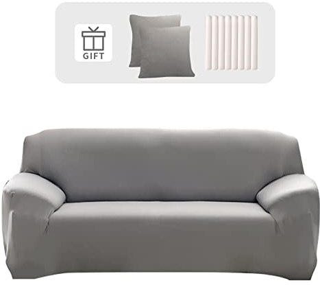 Lydevo Sofabezug 3 Sitzer Stretch Sofahusse Elastischer Sofabezug Spandex Sofa Überzug mit 2 Kissenbezug Anti-Rutsch Waschbar Sofa Protection Cover Schonbezug Couch,Grau