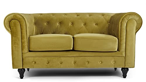 Bravich Velvet Chesterfield Sofa- Gold. 2 Seater Settee, Soft Plush Fabric Couch. Living Room Furniture, Easy Clean. 2 Seater- 160cm x 90cm x 78cm