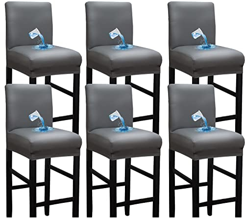 Bestenrose Wasserdicht Stuhlhussen 6er Set Bar Stuhlhussen PU Leder Stuhlbezug Barhocker Bezüge Stretch Hochhocker stuhlbezüge Abnehmbarer Stuhlbezug für Esszimmerstuh (Grau, 6 Stück)
