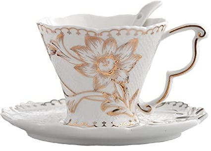 SHZMJL Teacup and Saucer and Spoon Sets,Vintage Bone China Tea Cups,Rose Teacup,Rose Flower Set 6.8 Oz,Euro Style Bone China Tea Cups and Saucers Set for Tea Party Christmas Gifts (Golden)