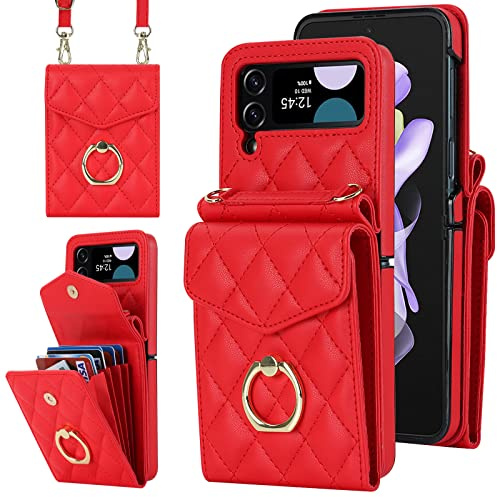 SINQERISHT Handykette Handyhülle für Samsung Galaxy Z Flip 4 5G Wallet Hülle PU Leder Case mit Kartenfach& 360° Ring Ständer Klapphülle Magnetverschluss Cover(Rot)