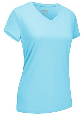 EKLENTSON Women's V-Neck Shirts Short Sleeve UPF 50+ Quick Dry Sport T-Shirts Workout Running Tops Lake Blue,XL