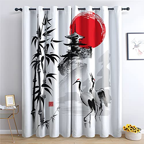 THYUNQ Vorhänge Japanische Motiv, Vorhang Blickdicht Verdunklungsvorhänge mit Ösen - Gardinen Wohnzimmer Schlafzimmer Fenster, 2er Set Curtains, H 220 x B 140 cm