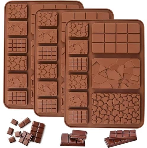 Silicone Break Apart Chocolate Bar Molds, 3PCS Silicone Candy Protein & Energy Bar Moulds Non-Stick Reusable DIY Baking Molds for Cookies Chocolate Candy Gummy Jello Ice Cube