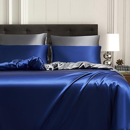 Gezu Satin Bettwäsche 200x200cm Blau Dunkelblau Königsblau Glänzend Einfarbig Bettwäsche-Set Seide Glatt Luxus Glanzsatin Wendebettwäsche Grau Dunkelgrau mit Reissverschluss und Kissenbezug