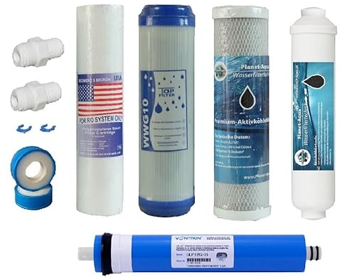 ERSATZFILTER SET Umkehrosmose Anlage 5 Stufen mit 75 GPD Membran Wasserfilter System mit Adapterzubehör 3x Vorfilter 1x Aktivkohle Nachfilter und eine Osmose Membrane Filter
