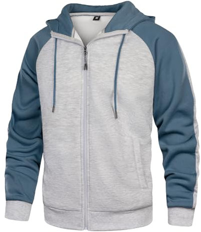 Wirltte Mens Hoodies Zip Up Hoodie Patchwork Fleece Jacket Winter Warm Hooded Greyblue M