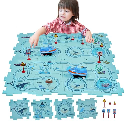 SGILE 30 TLG. STEM Straßenbauer Puzzlespiel für Kinder ab 3 Jahre, Kleinkind, Rennen logisches Puzzle, Labyrinth Brettspiel mit Auto, Spielset Spielzeug für Jungen Mädchen 3-7 Jahre, Geschenk (Ocean)