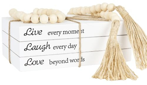 Dekorative Bücher für Heimdekoration, weiße Kunstbücher zur Dekoration, rustikale Bauernhaus-Stapelbücher mit 132,1 cm Holzperlen-Girlande für Couchtische, Wohnzimmer (Live Laugh Love)
