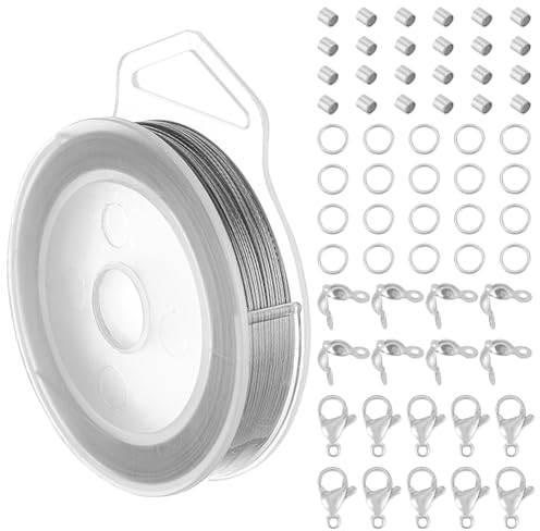 BENECREAT Alambre para Abalorios de Acero Inoxidable de 40 Hilos, 7m, 0.6 mm con 200 anillos de Salto., 200 Uds Cuentas de Engarce, 100 puntas de Cuentas Y 30 cierres de Pinza de Langosta