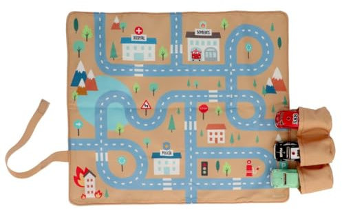 Monnëka Jeu de Voyage Ludique, Circuit Voiture Enfant avec 3 Mini Automobiles Vintage - Jouet Éducatif en Tissu Pliable et Portable, Développement de la Motricité Fine pour Enfants dès 3 Ans, Jaune