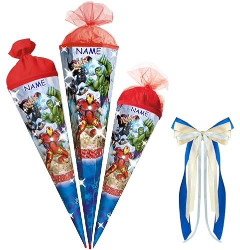 alles-meine.de GmbH Schultüte - Avenger - 35-85 cm - Größe wählbar - Holzspitze wählbar - inkl. Name + Bänder Schleife - Zuckertüte - Tüll - oder Filzabschluß - eckig/rund - ..