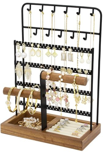 JONKASIPA Jewelry Holder Organizer Stand 4-Tier Necklace Stand Earring Holder with Wooden Tray, Jewelry Rack for Bracelets Watches and Rings Display Stand, Gifts for Women & Girls-Black