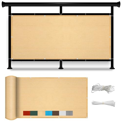 Balkon Sichtschutz Ohne Bohren 145 x 900 cm Blickdichte Windschutz Privatsphäre Balkonbespannung Balkonverkleidung mit Ösen, Kabelbinder Sichtschutz für Balkon, Sandgelb
