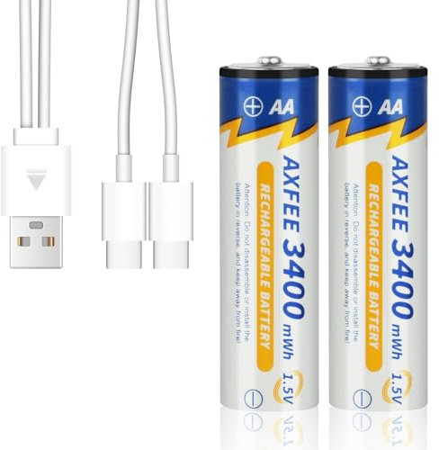 AXFEE 2 Pezzi AA Lithium Batteria Litio, Ricaricabile Lithium Batteria, 1.5 V/1500 mAh Ricaricabili Type C, Ricarica Rapida 1h, 1500 Cicli di Ricarica Riciclabile Batteria(1*Cavo di Ricarica)