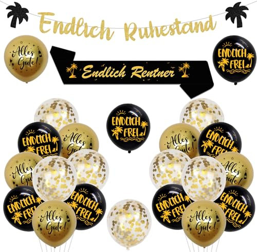 Jollyboom Endlich Ruhestand Rente Deko, Schwarzes Gold Ruhestand Deko Banner Schärpe Luftballons Schwarz Ballons für Alles Gute Zum Ruhestand Abschiedsfeier Party