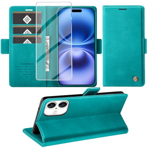 Giyer Handyhülle für iPhone 16 Hülle mit Schutzfolie, Kartenfach Wallet Klapphülle Premium Leder Standfunktion Schutzhülle für iPhone 16 4G/5G Flip Case Cover Tasche (Cyan)