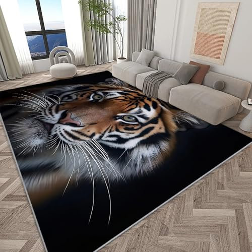 Generisch Waschbarer Teppich Tier Tiger Schwarz 60x90 cm Wohnzimmer Teppich Schlafzimmer Bettvorleger, Moderner Flauschig Weich Teppiche für Kinderzimmer Anti-Rutsch