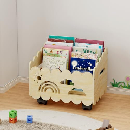 DUHARS Kinder Bücherregal Holz mit Rollen, Montessori Bücherregal Kinder, Bücherkiste Kinder für Leseecke, Babyzimmer, Bücherbank, Spielzeug Organizer Regal Kinderzimmer Aufbewahrung