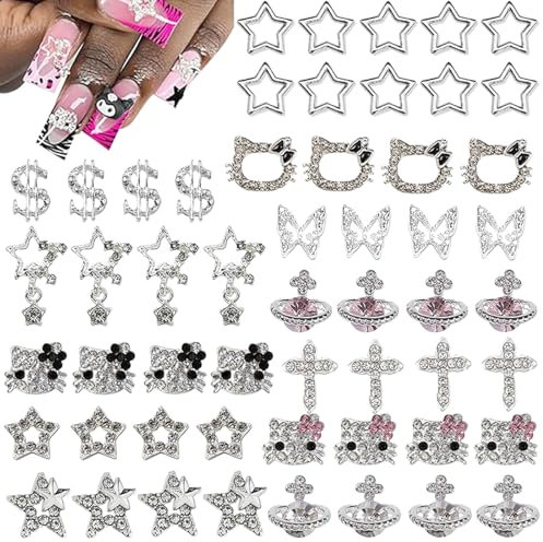 Bzzerumy® 54 Stück 3D-Sliver-Nagel-Charms, hochwertige Nail-Art-Verzierungen,Nail charms, exclusiv mit Strasssteinen für ein luxuriöses Maniküre-Erfahrung