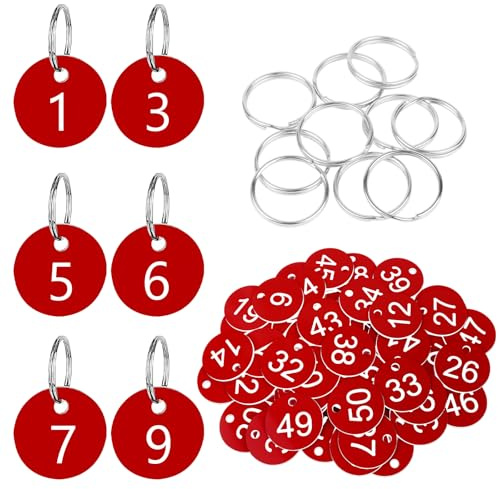Flintronic 50 Stück Kunststoff Nummernschilder, ID-Nummernschilder aus Kunststoff, Kleine Wasserdichte Zahlenmarken, ID Tags mit Loch, mit Schlüsselringe, für Garderobe Hotel(Rot, 1-50)