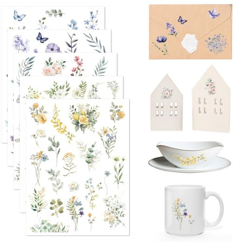 5 Blatt Rub On Sticker, Blumen Transferaufkleber, Scrapbooking Sticker, Frühling Pflanzen Aufkleber, Rub Ons Flowers, für Glas, Holz, Fotoalbum, Album, Journals, DIY Deko