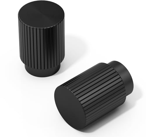 FURNIWARE 10 Pack Matt Black Cabinet Knobs, Vertical Lines Design, 20mm Round Head, Vintage Aluminium Pull Handles, Retro Door Knob for Kitchen Cupboard, Dresser, Wardrobe