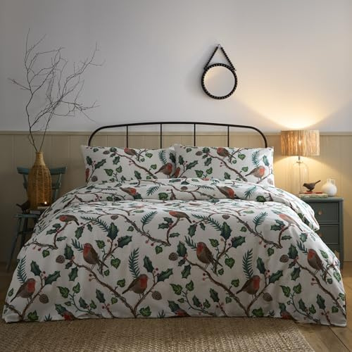 Portfolio Home Dalby Robins Holly White Double Soft Easy Care Bed Linen Bedding Duvet Cover Quilt Set With Pillow Cases