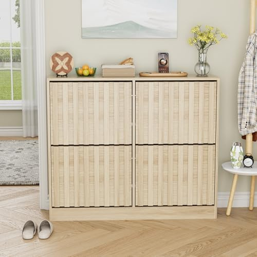 UEV Schuhschrank mit 4 Klappen Holz, Schuhregal Schmal (Natur) | Schuhkipper mit Kippschutz & verstellbaren Trennwände für Flur Eingang Wohnzimmer, Schuhkommode Flurkommode 102x24x86,5cm