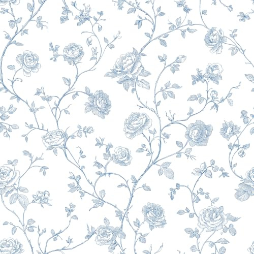 FunStick Tapete Blau Weiß Muster Rosen Blumentapete Vintage Selbstklebend Schlafzimmer Klebefolie Blumen Botanisch Viktorianischer Stil Selbstklebende Tapete Wand Wohnzimmer Blau und Weiß 44.5CMx3M