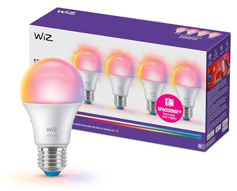 WiZ Smart LED A60 Bulb, Full Color and Tunable White, E27 Base, 60W Equivalent, 2200-6500K, 806 Lumens, Dimmable, Works with Alexa, Google Assistant, and Apple Home, 4 Pack