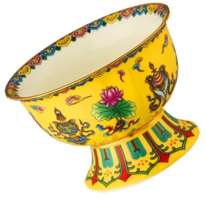 ERINGOGO Enamel Painted Ceramic Worship Bowl Small 3.5-inch High Foot Holy Offering Bowl Yellow Symbols for Buddhist Temple Use