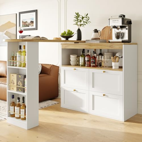 KOMHTOM Table à Manger Pivotante avec Armoire de Rangement, Table de Bar Extensible, Bar Cuisine avec Espace de Rangement, Buffet avec étagères et Vitre (Blanc-3)