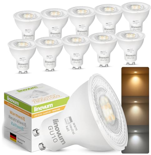 linovum LumiFLEX GU10 Birne 10er Set LED 6W CCT 3 Lichtfarben Spot dimmbar | Zehn GU10 Lampen mit 3 Lichtfarben - warmweiß, neutralweiß & tageslicht, CRI 96, Halogen-Ersatz, für Spots & Einbaustrahler