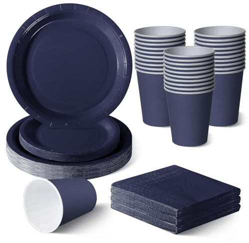 120 Pièces Bleu Marine vaisselle jetable anniversaire pour 30 Invités | 18 et 23 cm assiette jetable, gobelets carton, serviettes, anniversaire homme, événement d'entreprise, soirée grill.