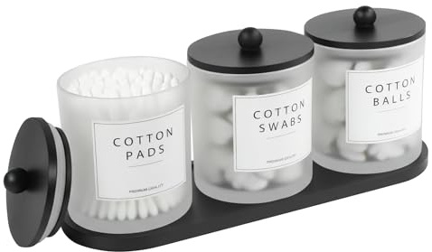 3 Pack Cotton Bud Holder Dispenser - Glass Apothecary Jars with Bamboo Lids, Cotton Ball Pad Round Holder, Floss Pick Containers, Bathroom Organisers with Tray & 14 Labels - Frosted Clear