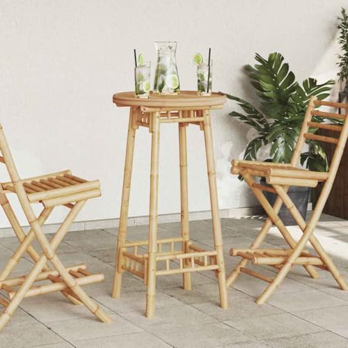 Vevorizon Bambus Rund Gartentisch Ø55 x 100 cm, Gartenbar für Terrasse Balkon, mit Fußstütze, wetterfest Outdoor Esstisch für Essen Grillen Party